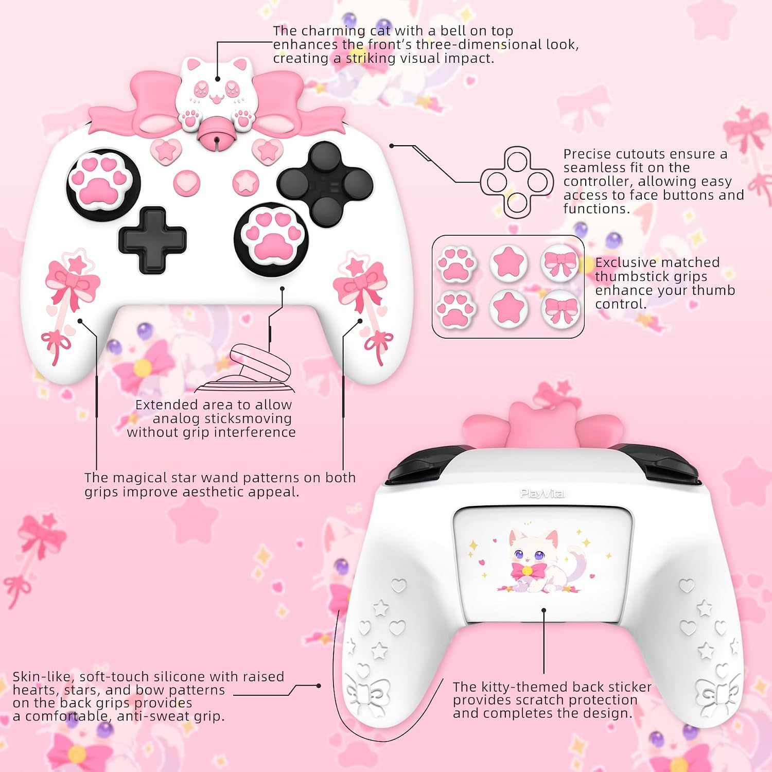 Detalle de PlayVital Sweetheart Kitty Silicone Skin for Switch Pro Controller 🕹