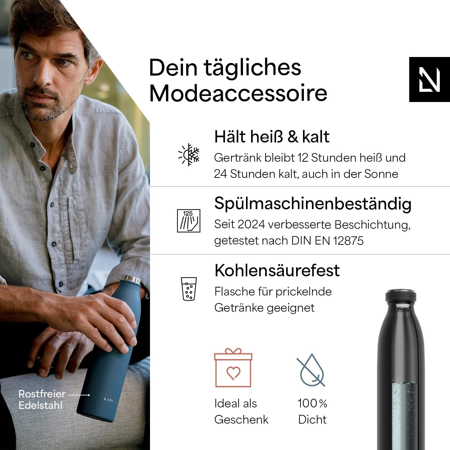 Detalle de LARS NYSØM Edelstahl Trinkflasche Ren 750 ml – Auslaufsicher, Doppelwand-Vakuumisolierung