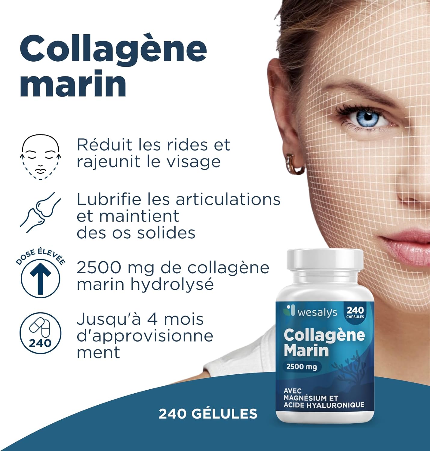 Detalle de Collagène Marin et Acide Hyaluronique - 240 Gélules par Wesalys (2500 mg COH)