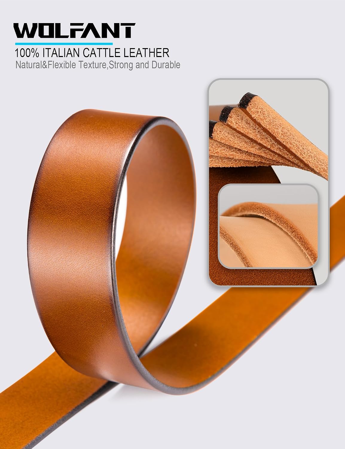 Detalle 2 de WOLFANT 1.5" Full Grain Leather Belt for Men (Gift Box) — 100% Italian Solid Leather