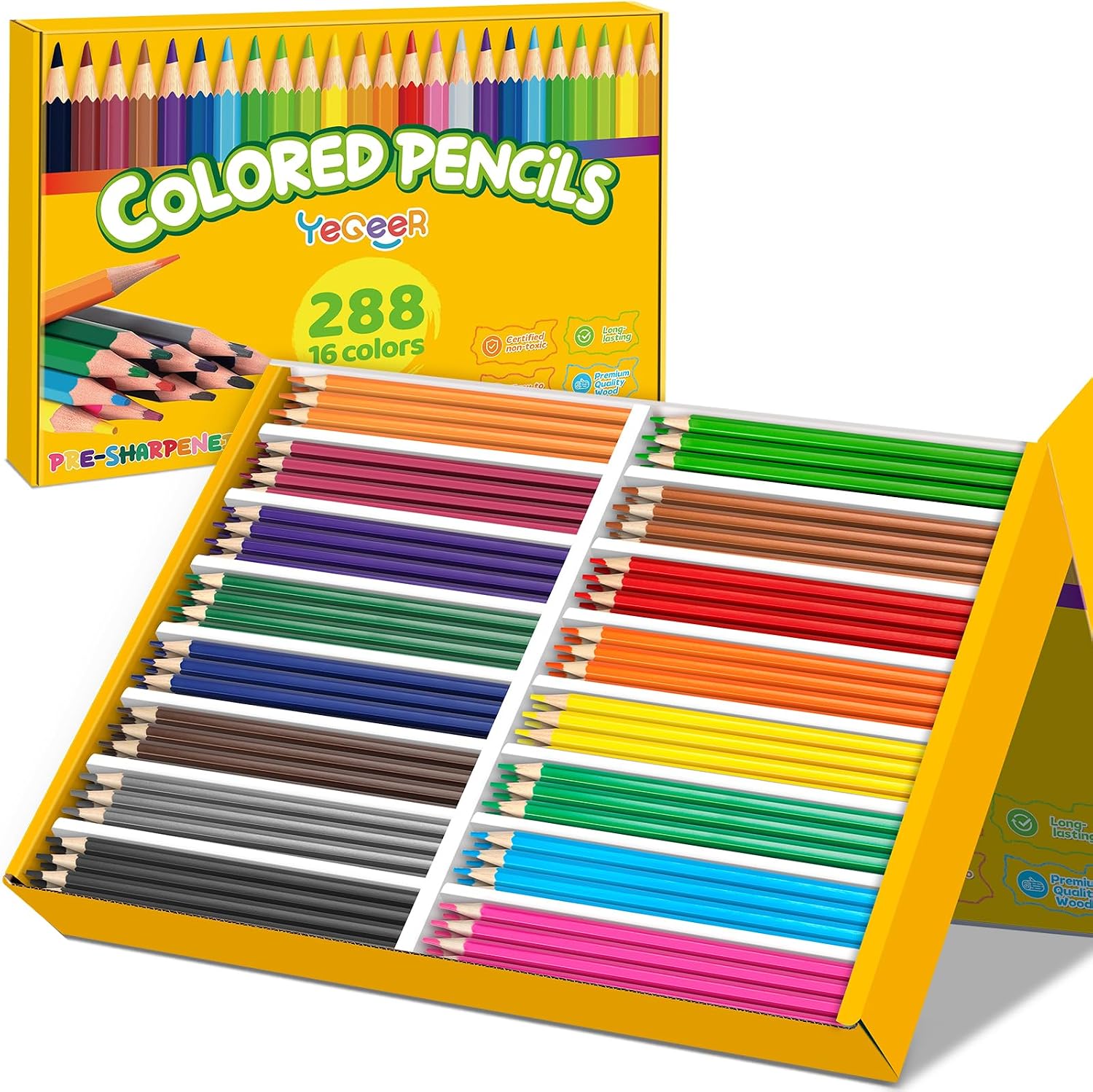 Detalle de YEGEER 288-Count Colored Pencils Bulk: 16 Assorted Colors, Pre-Sharpened for Kids, Adults, and Teachers