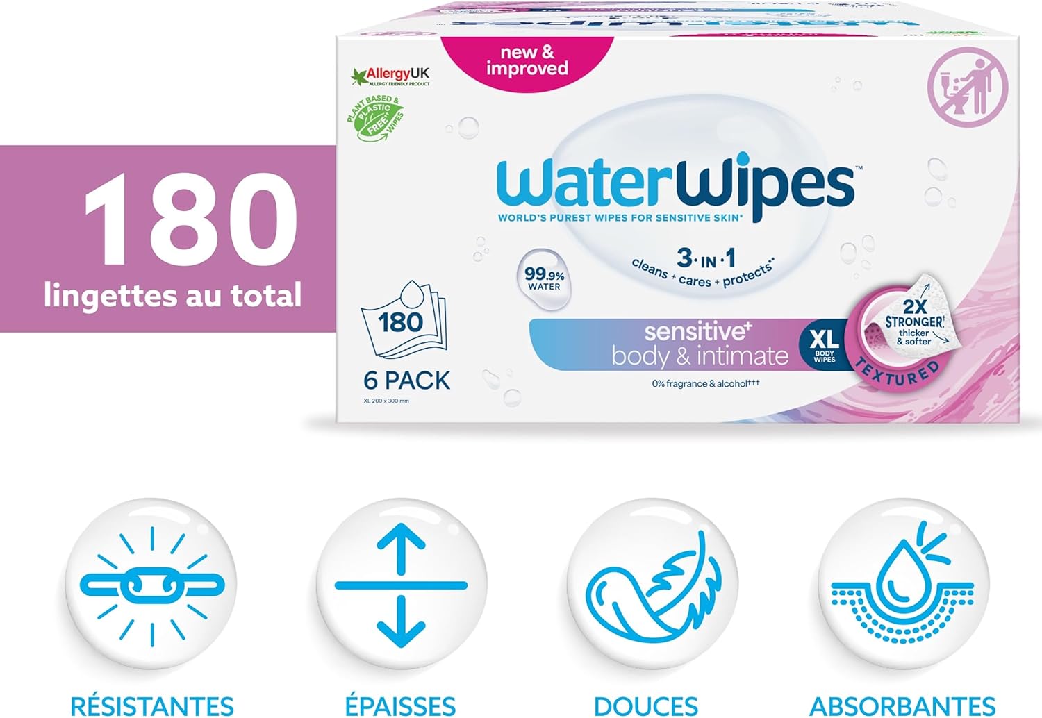Thumbnail 1 de WaterWipes Sensitive+ Body & Intimate Wipes – 180 lingettes sans parfum, 6 paquets