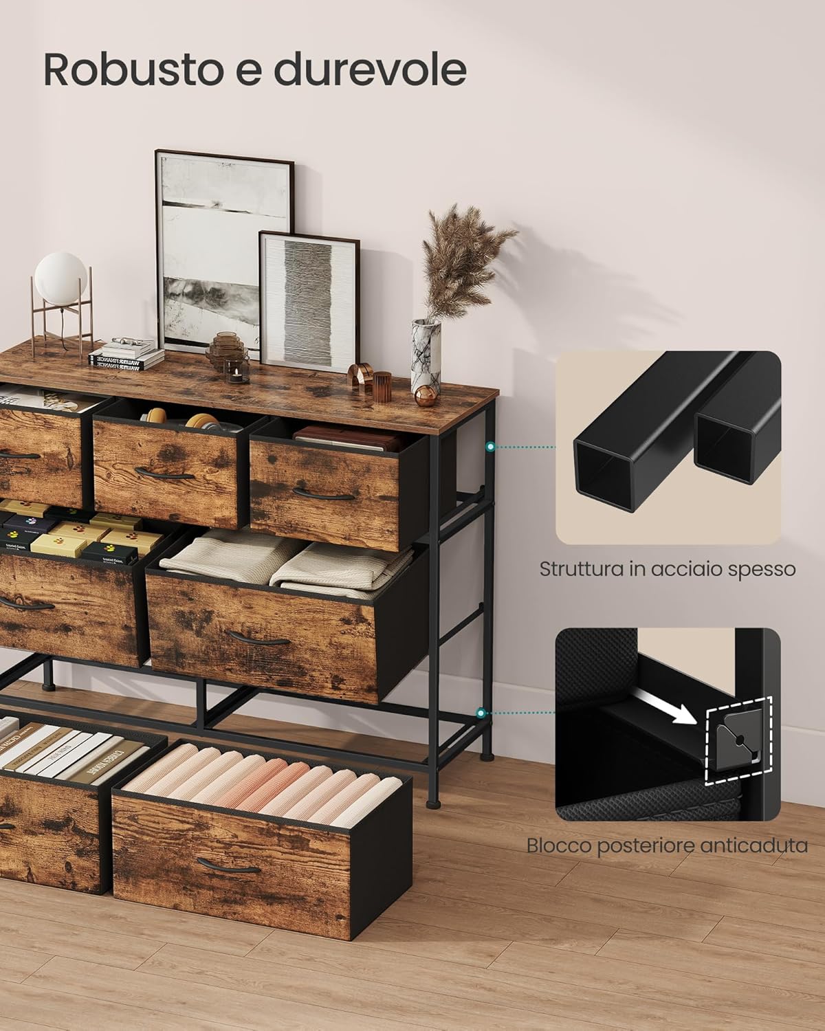 Detalle de SONGMICS BELLAH Collezione - Cassettiera con 7 cassetti in acciaio e legno ingegnerizzato, Marrone Vintage/Nero Inchiostro (LGS323BH04)