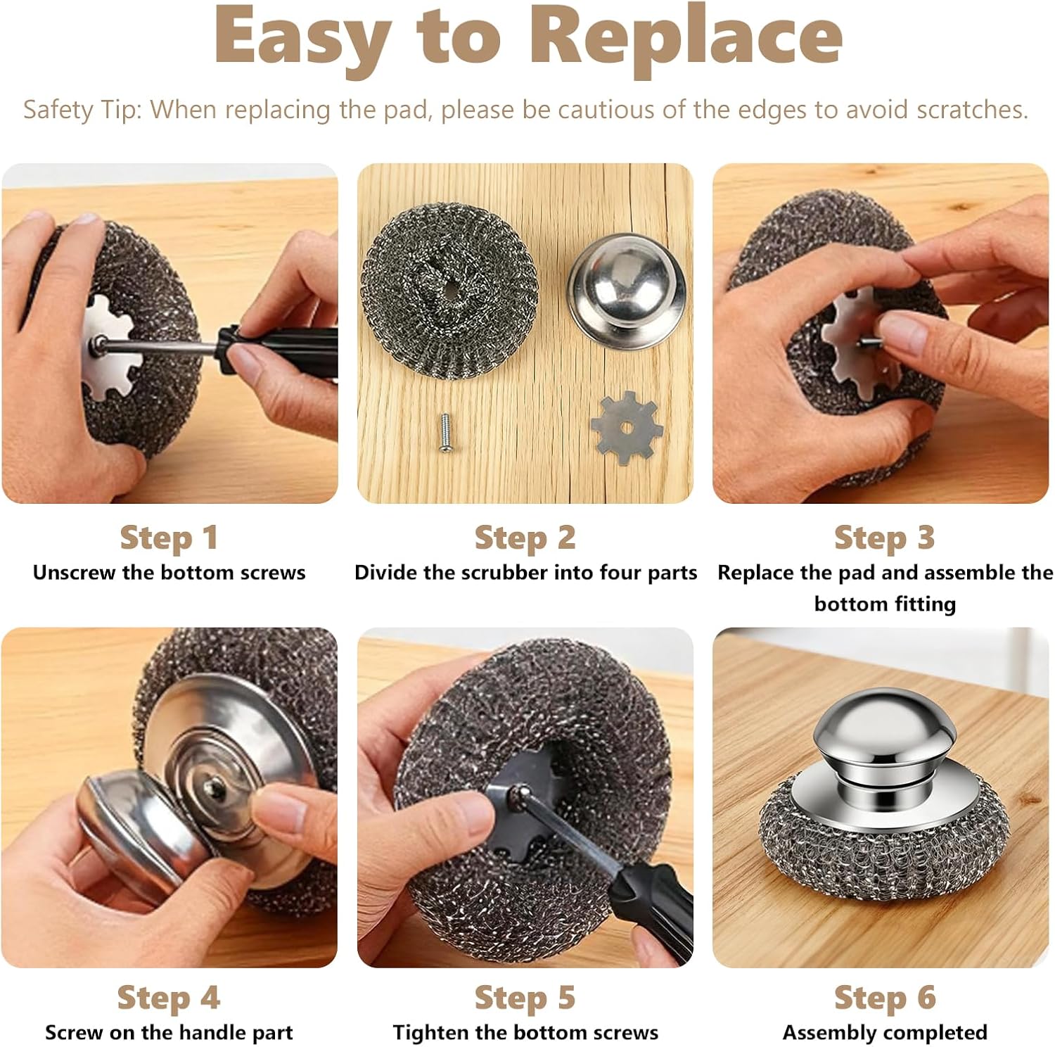 Detalle de Steel Wool Scrubber, 4-Pack with Handle: Durable Stainless Steel Cleaning Pad Set for Kitchen and Beyond