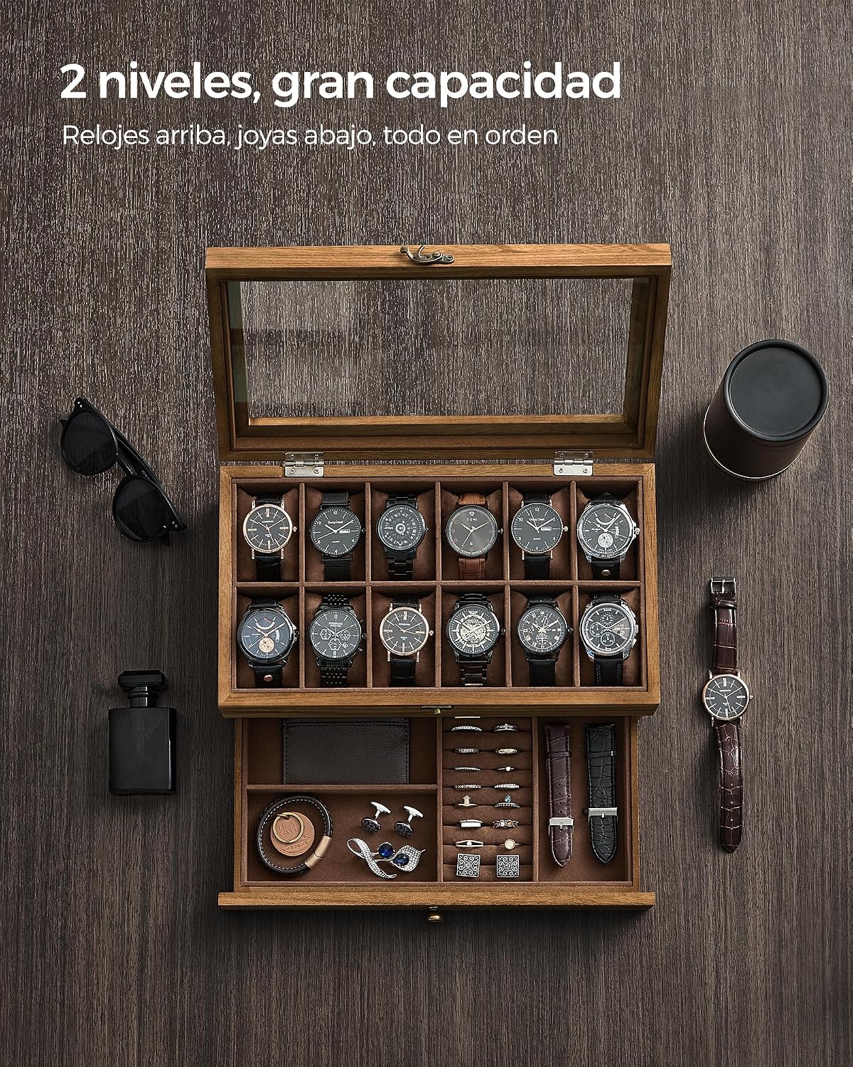 Detalle de SONGMICS Caja de Relojes con 12 Ranuras JOW012K01 – Estuche de Madera de Dos Niveles con Tapa de Cristal