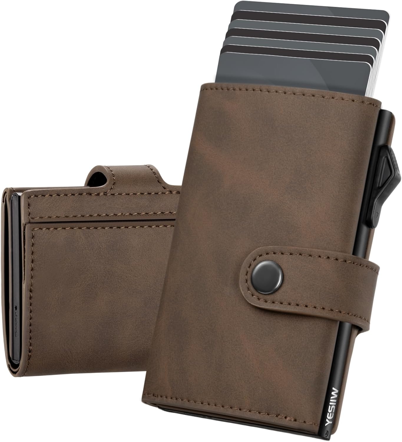 Detalle de YESIIW Crazy Horse Brown RFID Leather Card Holder Wallet with Pop-Up Mechanism (up to 9 cards, 2 ID windows)