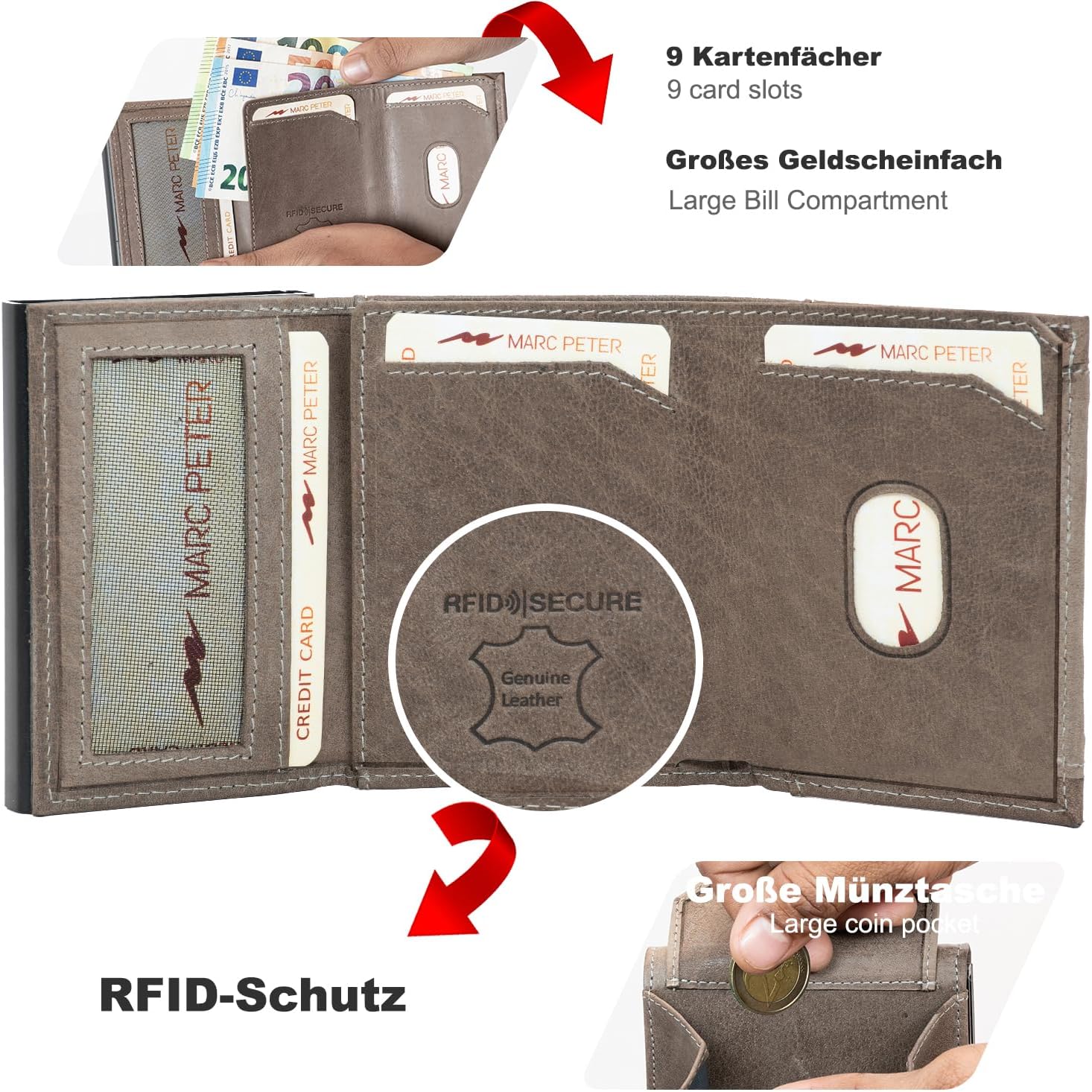 Thumbnail 1 de Marc Peter Chicago Leder Push Air Slim Wallet – Airtag Münzfach, RFID-Schutz, Grau