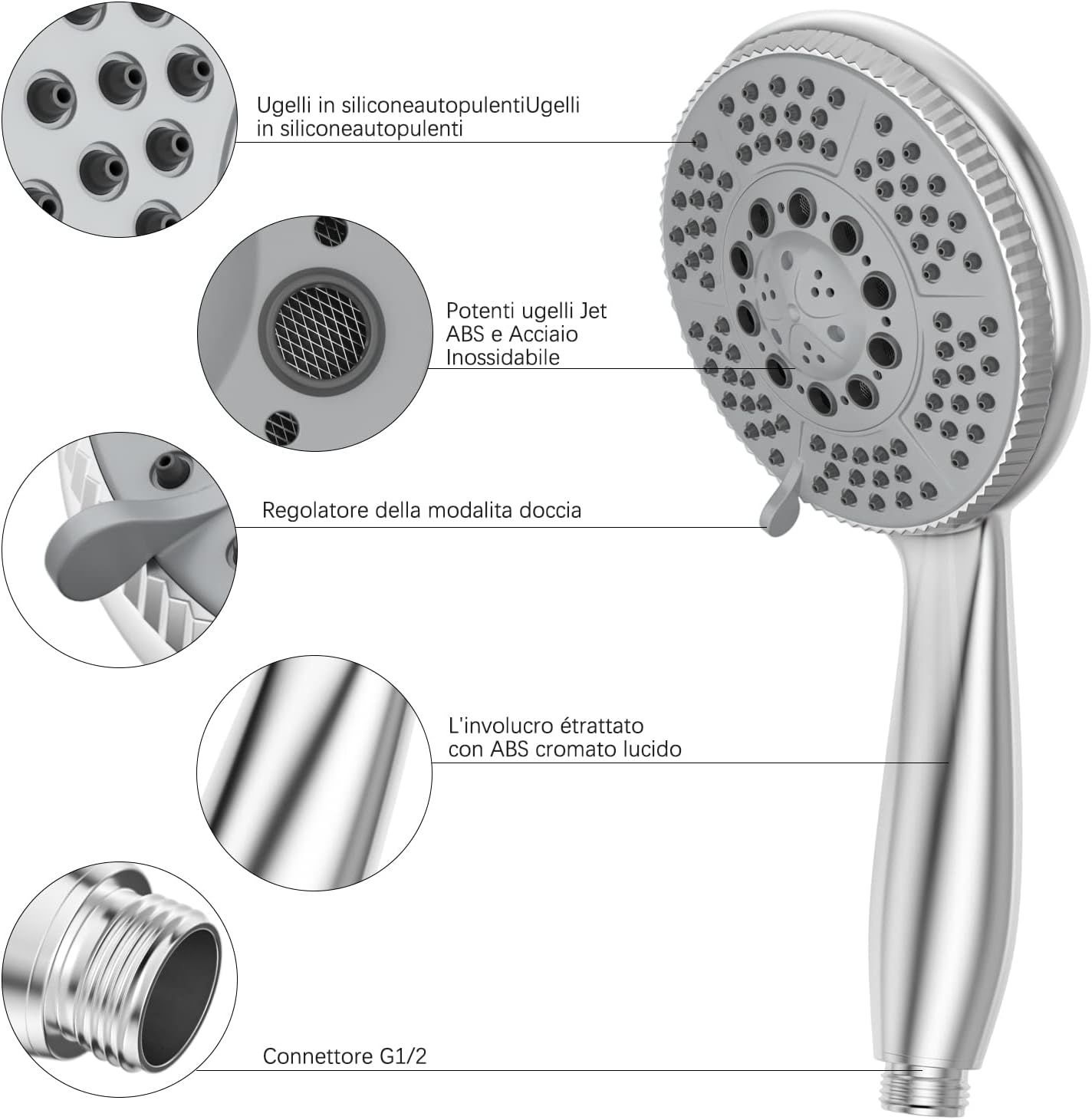 Thumbnail 1 de Vinabo pommeau de douche 1,5 m en acier, 5 jets — haute pression, ABS chromé