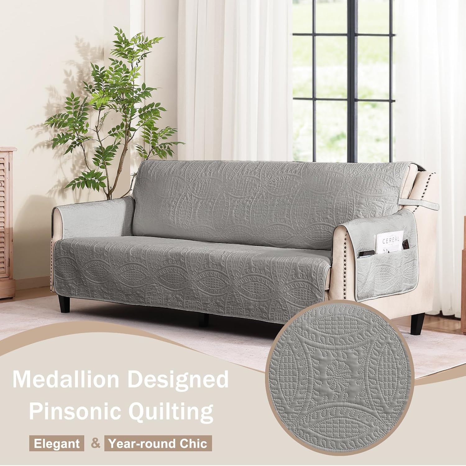 Thumbnail 1 de Pamhaven Quilted Grand Sofa Covers: 88" Water-Repellent Slipcover with Side Pockets