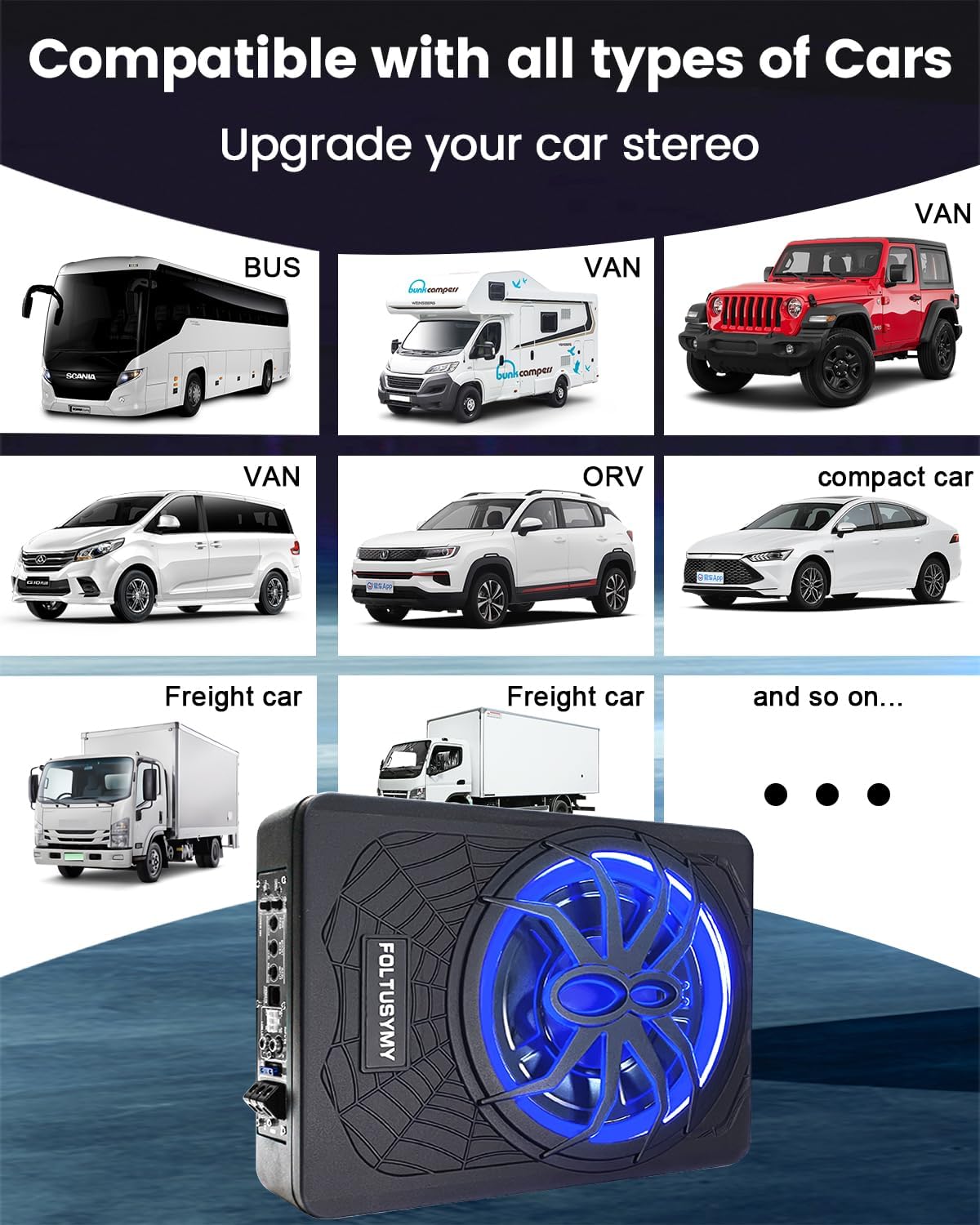Thumbnail 3 de FOLTUSYMY 1200W 10-Inch Slim Under-Seat Powered Car Subwoofer (High/Low Inputs) with Blue LED