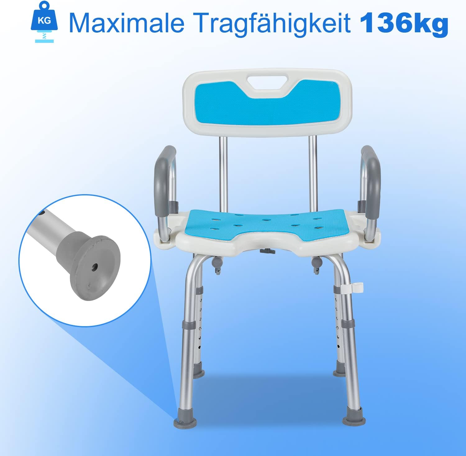 Detalle de Sonnewelt Sgabello da doccia: sedia da doccia con braccioli rimovibili, altezza regolabile 37,5–50,5 cm