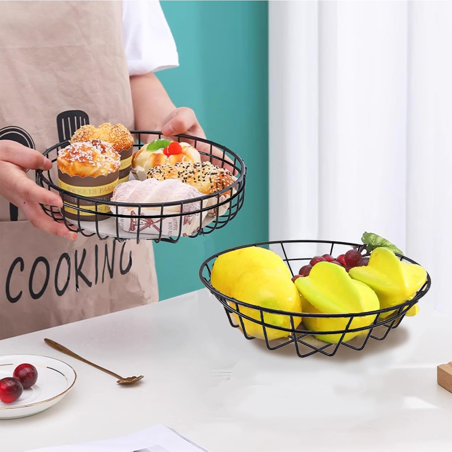 Thumbnail 6 de Obstkorb, Runder Metallgitter Korb | 2 Stück schwarz – Flexibler Display- und Aufbewahrungshelfer für Obst, Gemüse, Brot