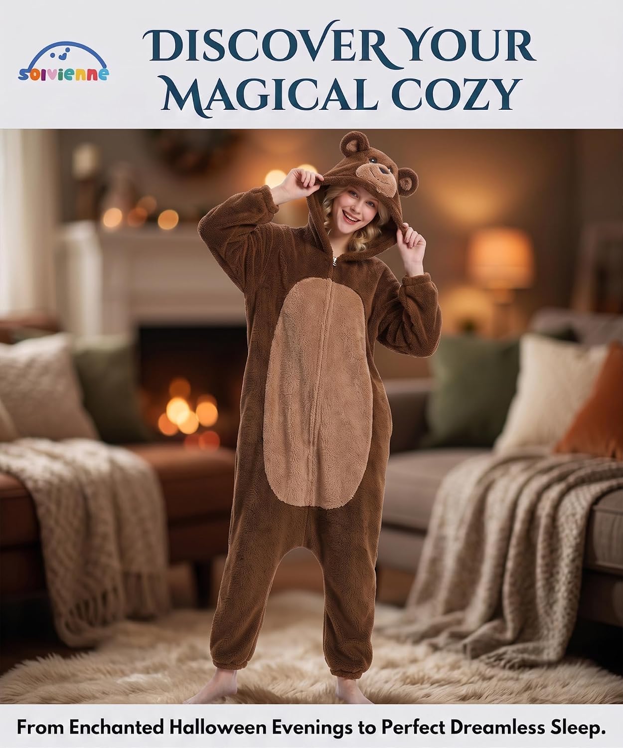 Detalle 2 de Solvienne Adult Onesie Halloween Costume, Plush Zip-Up Pajamas with Pockets