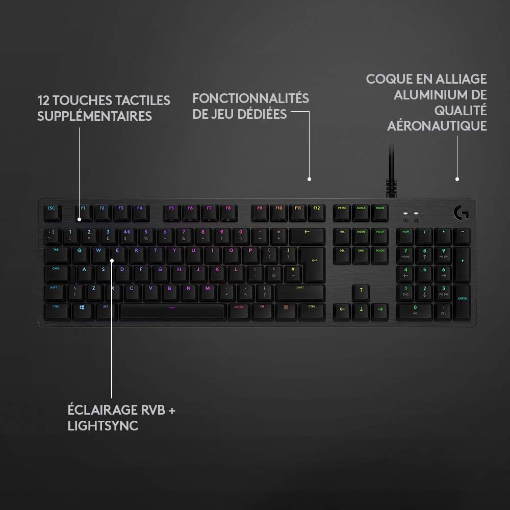 Detalle de Logitech G512 Clavier Gamer Mécanique – GX Brown, RGB LIGHTSYNC, aluminium 5052, AZERTY Noir
