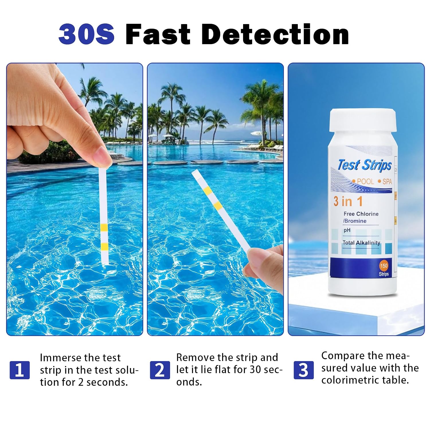 Detalle 2 de Aideepen 3-in-1 zwembadteststrips, 150 stuks voor pH, restchloor en alkaliniteit