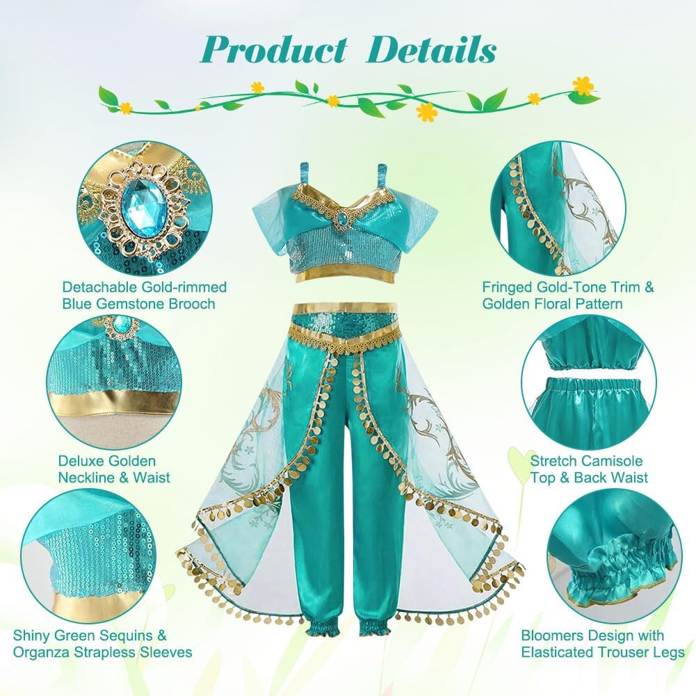 Thumbnail 2 de ACWOO Deguisement de Princesse Jasmine pour Filles – Ensemble complet avec Perruque et Accessoires