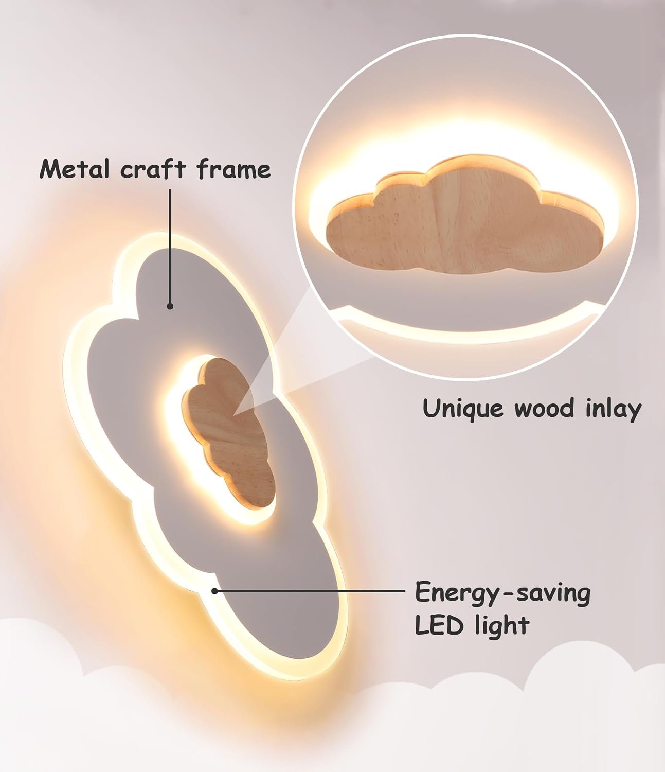 Detalle 2 de FANLG LED-Deckenlampe Kinderzimmer, 40 cm | Wolkenlampe mit Holz-Details, Warmweiß 3000K, 20W