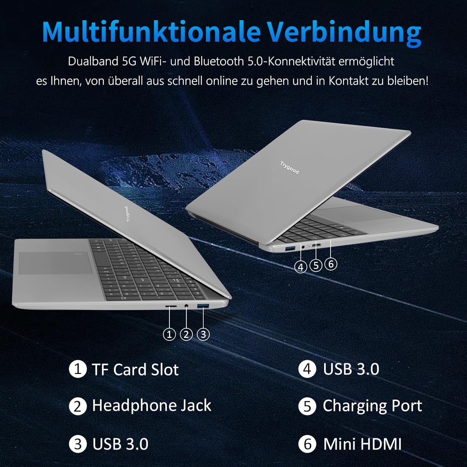 Detalle de Trygood Laptop 15,6 Zoll – Full HD IPS, Fingerabdruck-ID, 8GB RAM, 256GB SSD