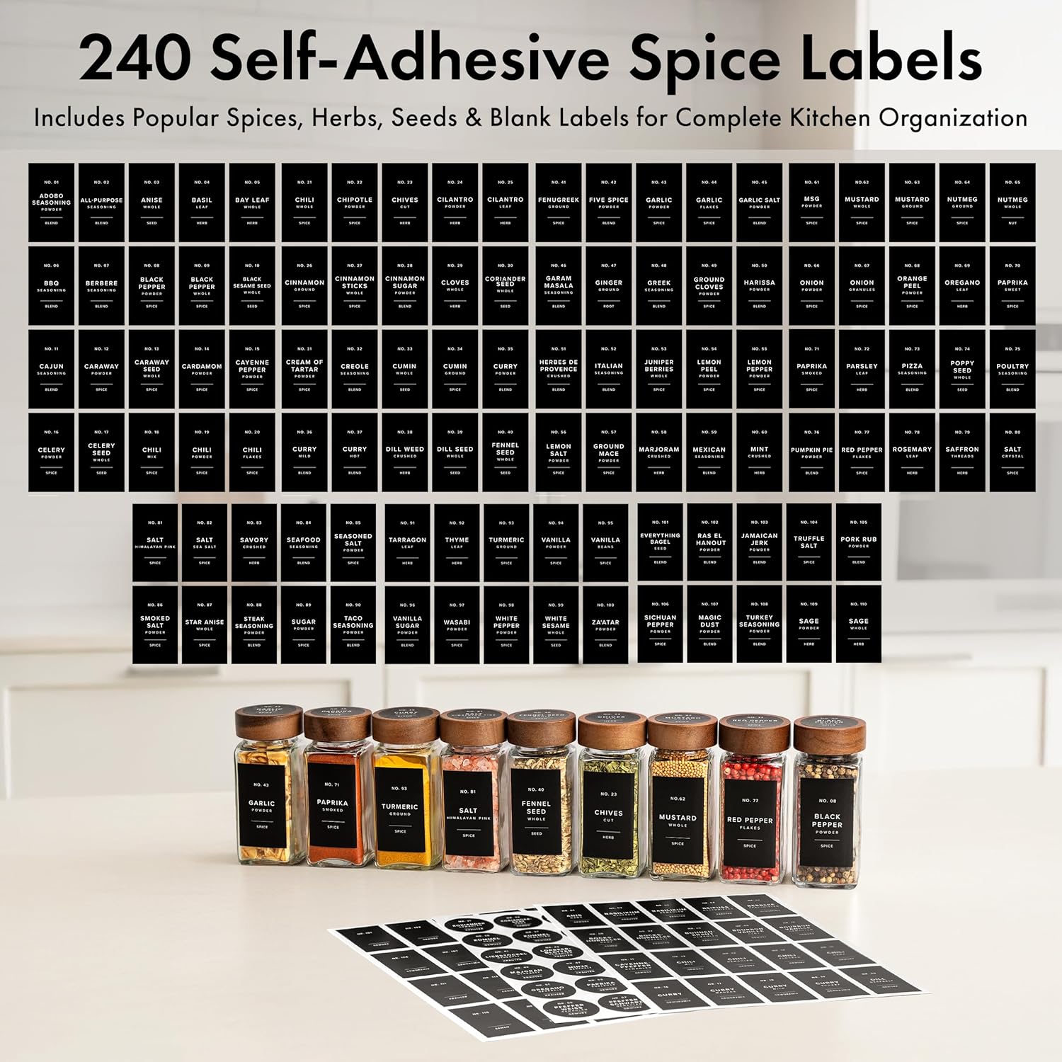 Thumbnail 6 de EDELHAUS Square Spice Jars with Acacia Wooden Lid (Pack of 24) | Glass Containers with Shaker Inserts, 240 Labels, and Cleaning Brush