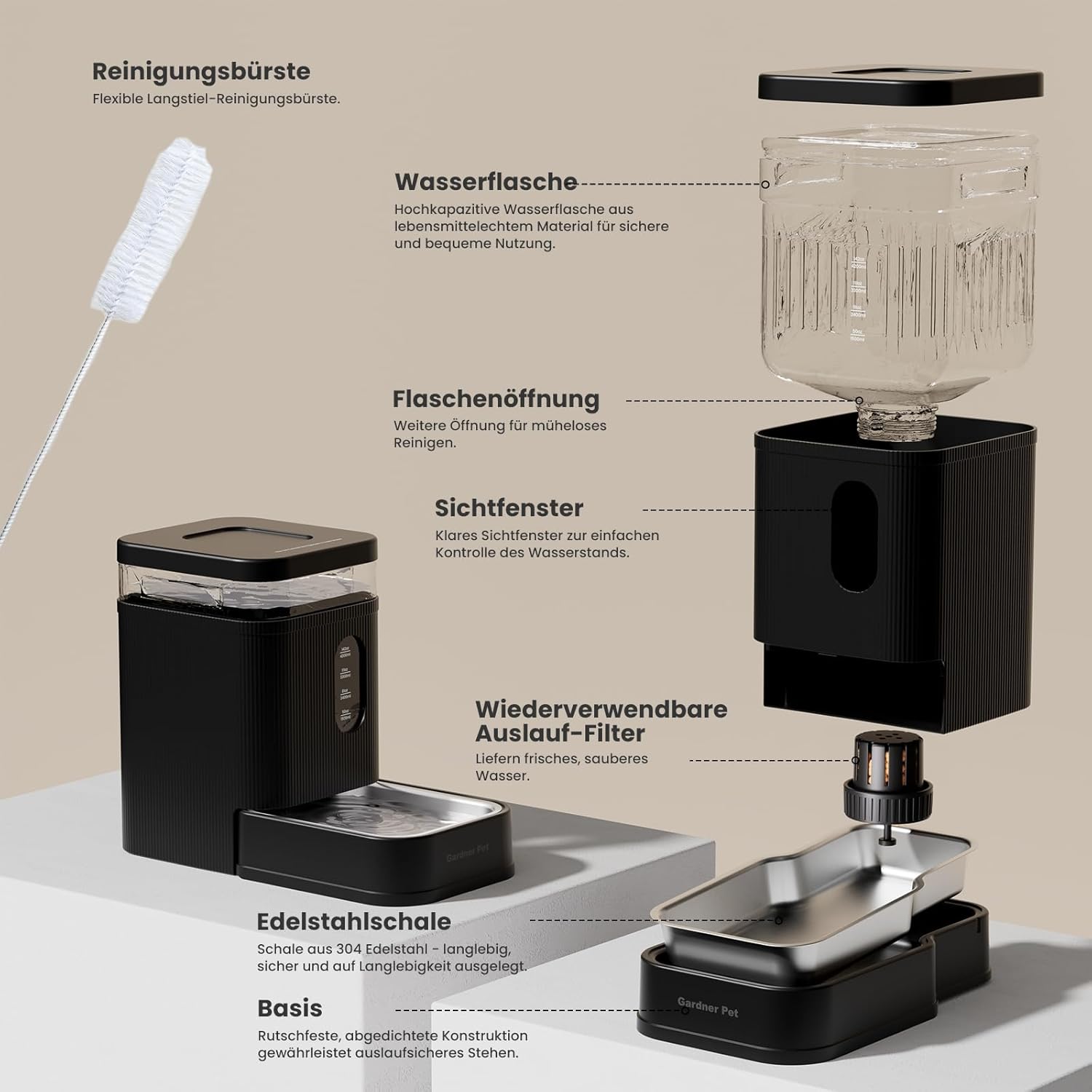 Detalle de Gardner Pet automatischer Wasserspender mit 6,5 l Schwerkraft-Futterbrunnen – ohne Strom, Edelstahl-Schüssel