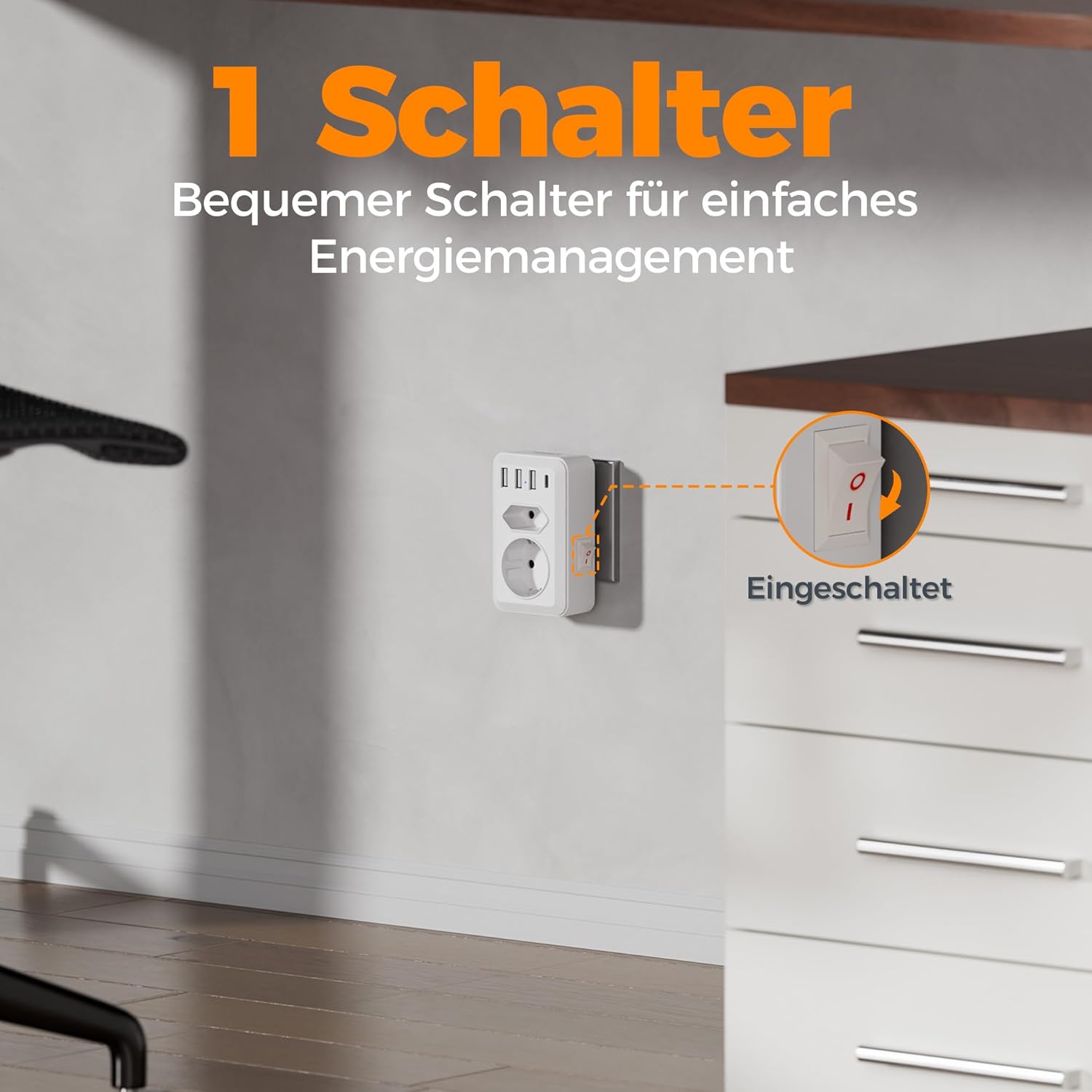 Thumbnail 3 de TESSAN Doppelstecker für Steckdose mit 4 USB-Anschlüssen – 2-fach Steckdosenadapter mit Schalter, 4000W, USB-C & USB-A