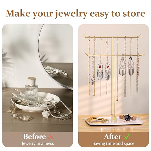 Detalle de Josmimic Necklace Holder Jewellery Stand – Gold, Two-Tier, Non-Slip Base
