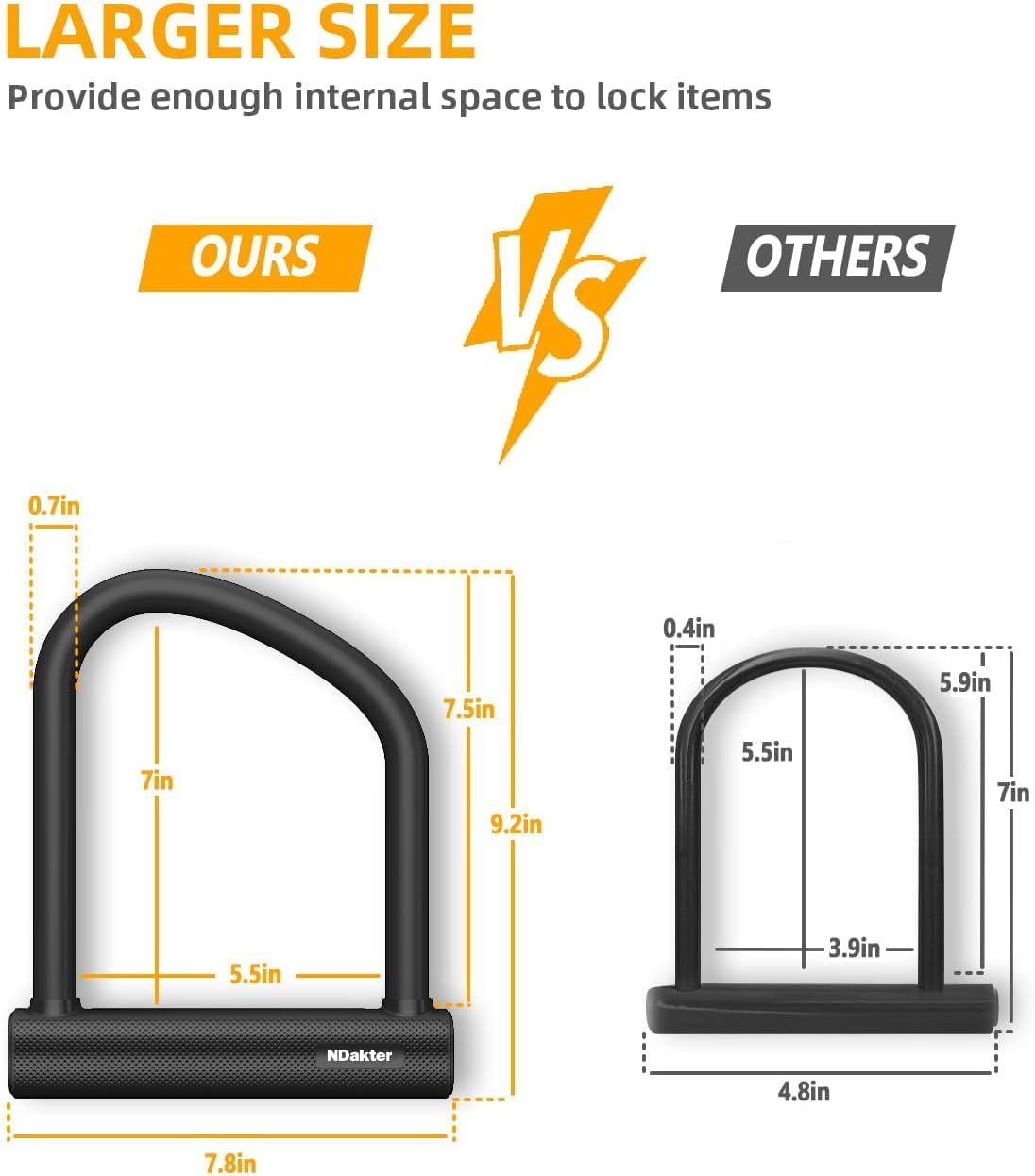 Thumbnail 2 de NDakter 18mm Shackle Heavy Duty Bike D Lock with 6ft Steel Cable and 3 Keys