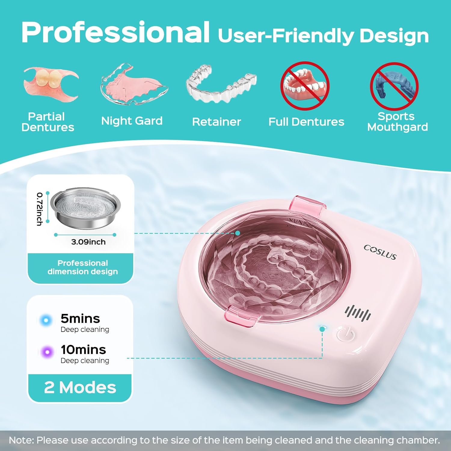 Thumbnail 5 de COSLUS C50 Portable Ultrasonic Retainer Cleaner (50kHz) cordless pink – travel and home deep cleaning