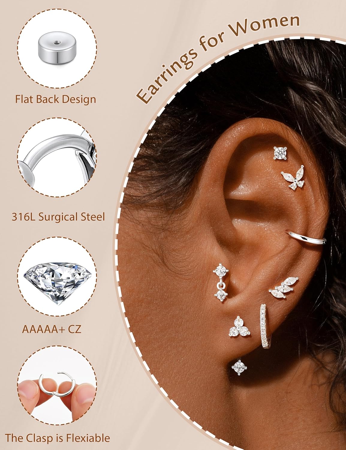Detalle 2 de TINGN 7‑Paar hypoallergenes Ohrring-Set in Silber und Gold – 14K vergoldet, Zirkonia, vielseitig kombinierbar
