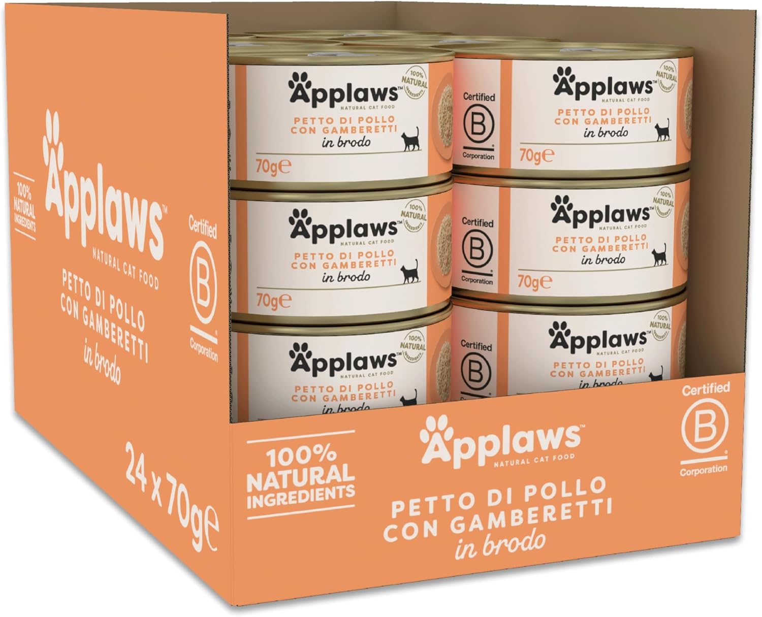Detalle de Applaws cibo umido 100% naturale per gatti adulti, Petto di Pollo con Gambero in Brodo – 24 lattine da 70 g