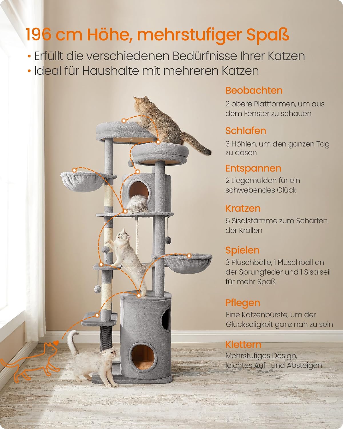 Detalle de Feandrea Kratzbaum groß, XXL – 196 cm hoch, mehrstöckiger Katzenbaum mit 2 Plattformen, Höhlen und Kratzstämmen (hellgrau, PCT153W01)