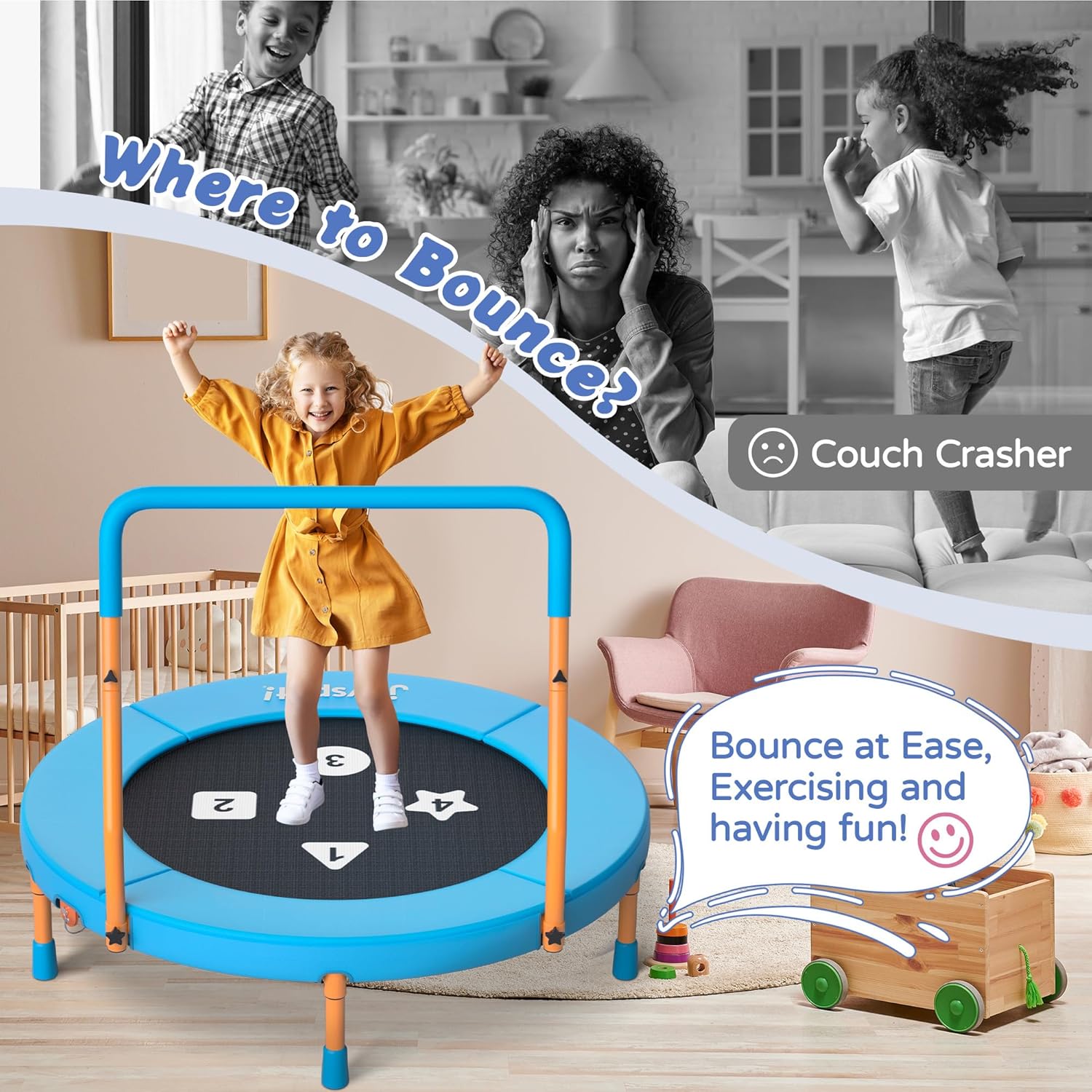 Thumbnail 5 de 3FT Toddler Trampoline with Adjustable Handlebar — Foldable, Noiseless, Safe & Sturdy for Ages 1-6