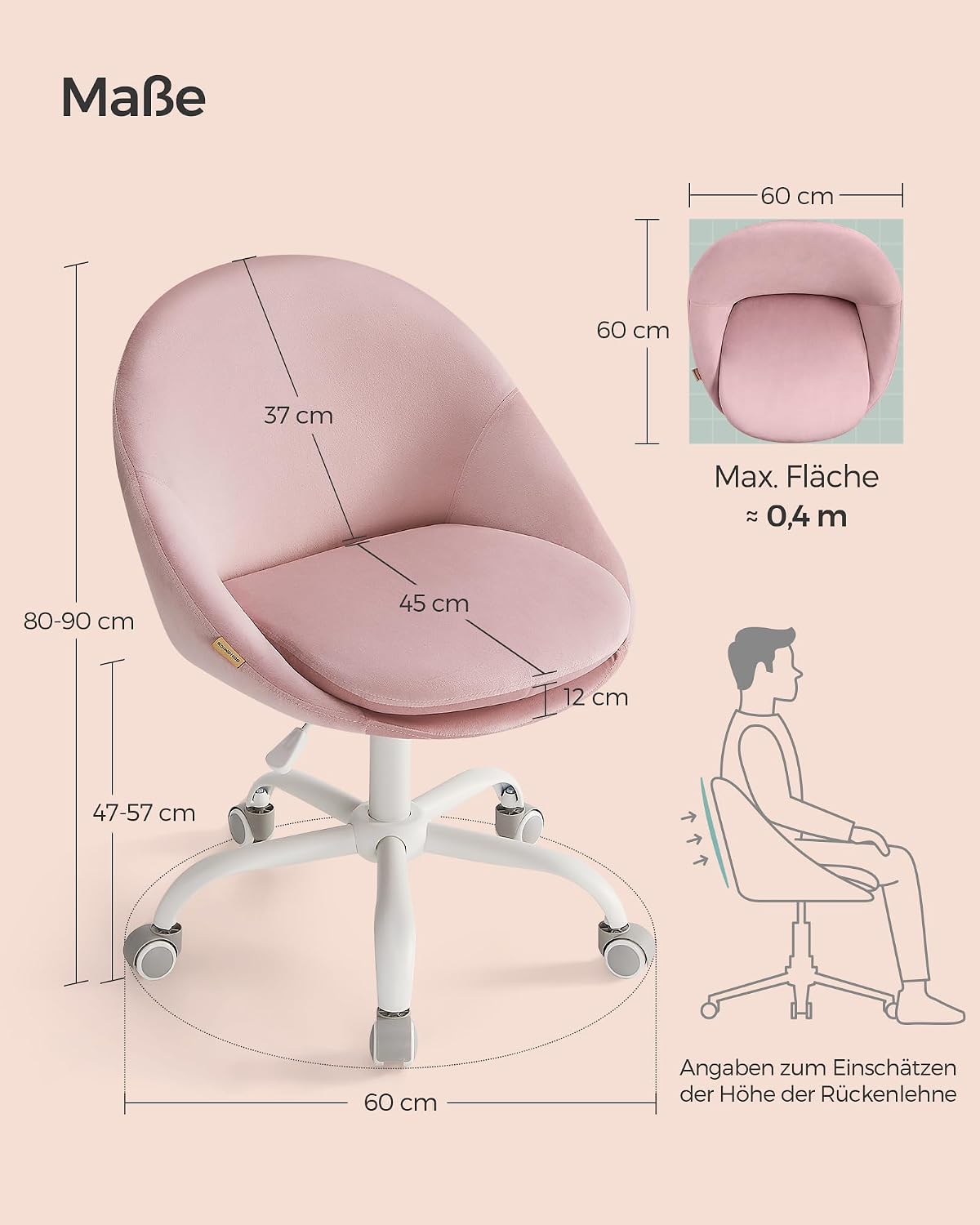 Thumbnail 2 de SONGMICS Homeoffice- & Schminkstuhl aus Samt OBG020R02, höhenverstellbar, pastellrosa