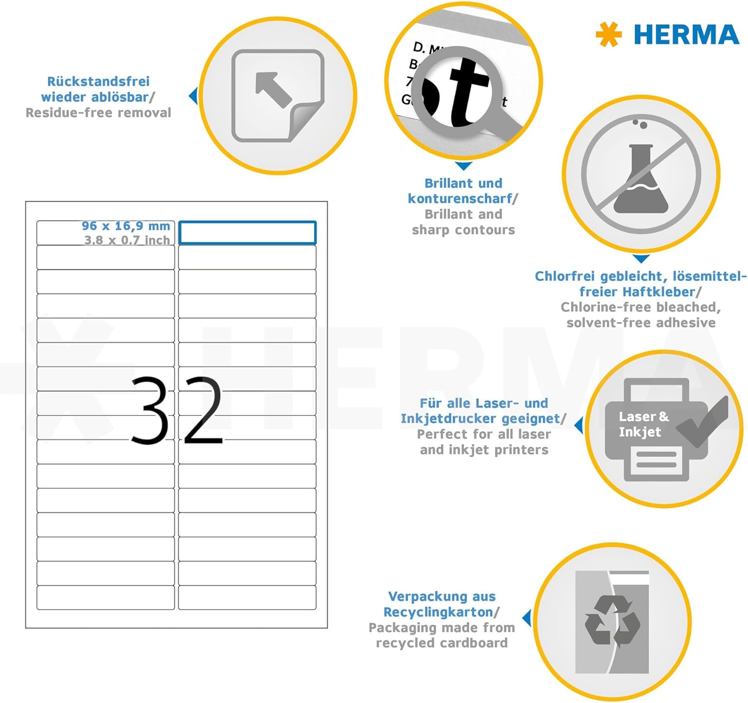 Thumbnail 2 de HERMA 4209 Universal Etiketten ablösbar – 800 Stück, 96 x 16,9 mm, matt, A4-Blätter