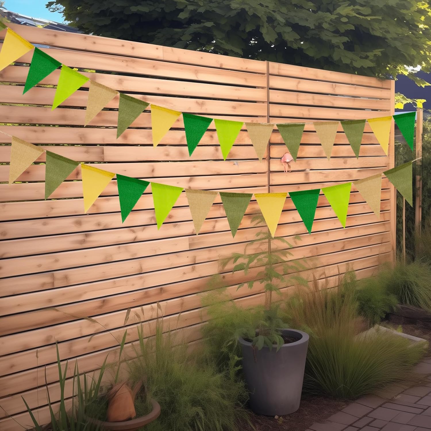 Detalle de G2PLUS Salbeigrün Wimpelkette Outdoor – 20 m, 60 Dreiecks-Wimpel, wetterfest