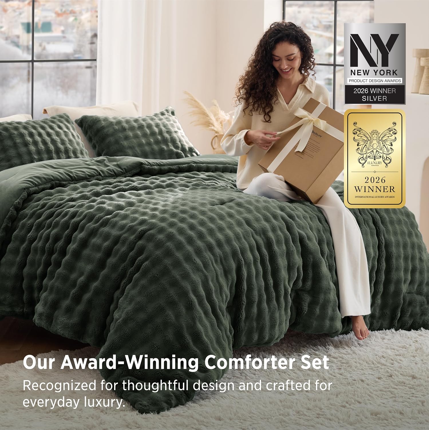 Detalle 2 de Bedsure BB649B3 Queen Bubble Comforter Set, Double-Sided Flannel, 90" x 90