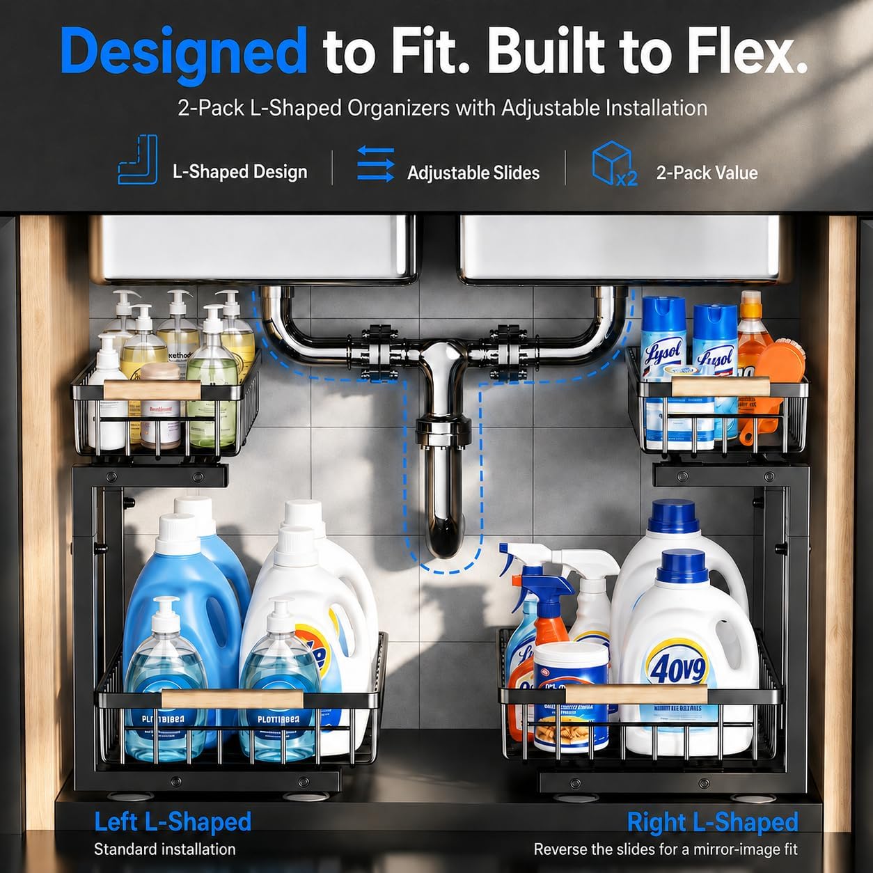 Thumbnail 6 de GeeBom Under Sink Organizer: 2-Tier Pull-Out Shelf (2-Pack) in Black