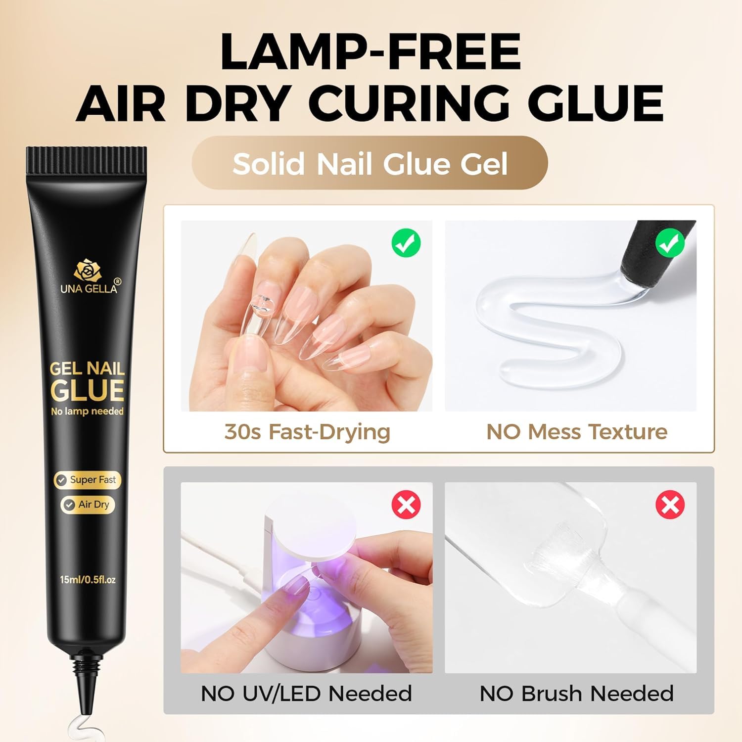 Detalle 2 de UNA GELLA Starker Nagelkleber Gel (UV-frei), 2×15 ml – Quick Dry ohne UV-/Lichtlampe