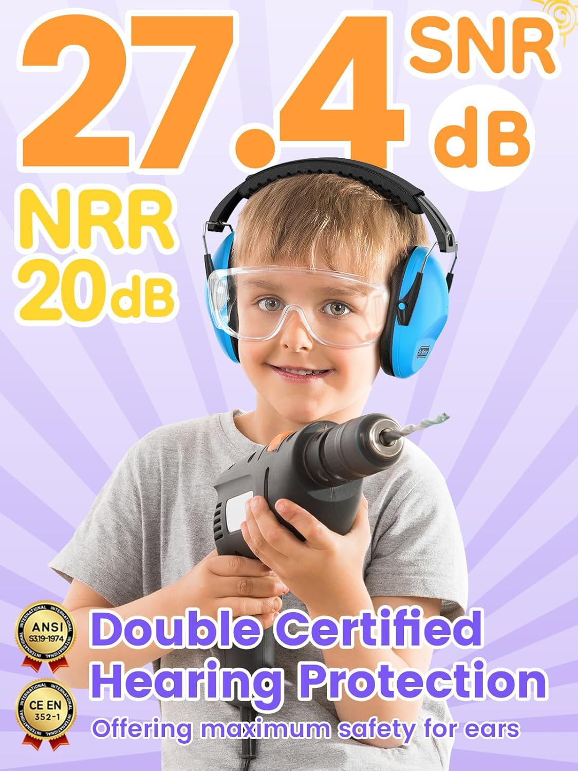 Thumbnail 2 de Dr.meter protezione dell’udito regolabile e confortevole per adulti e bambini (cuffie per cantieri, giardinaggio) – Taglia unica, blu/viola