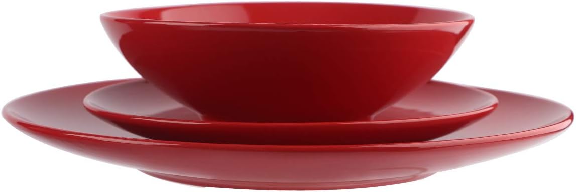 Detalle de Amazon Basics 18-Piece Stoneware Dinnerware Set – Fire Engine Red (Service for 6)