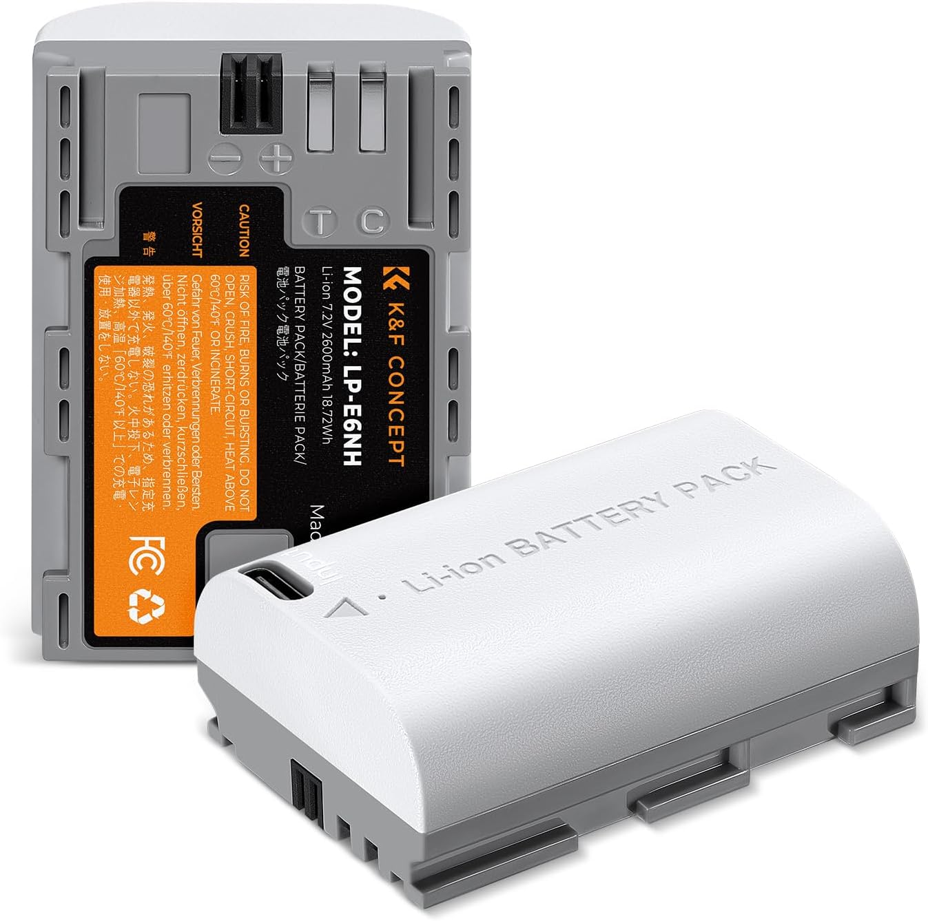 Detalle de K&F CONCEPT 2-Pack LP-E6NH 2600mAh batteries with USB-C fast charging for select Canon cameras