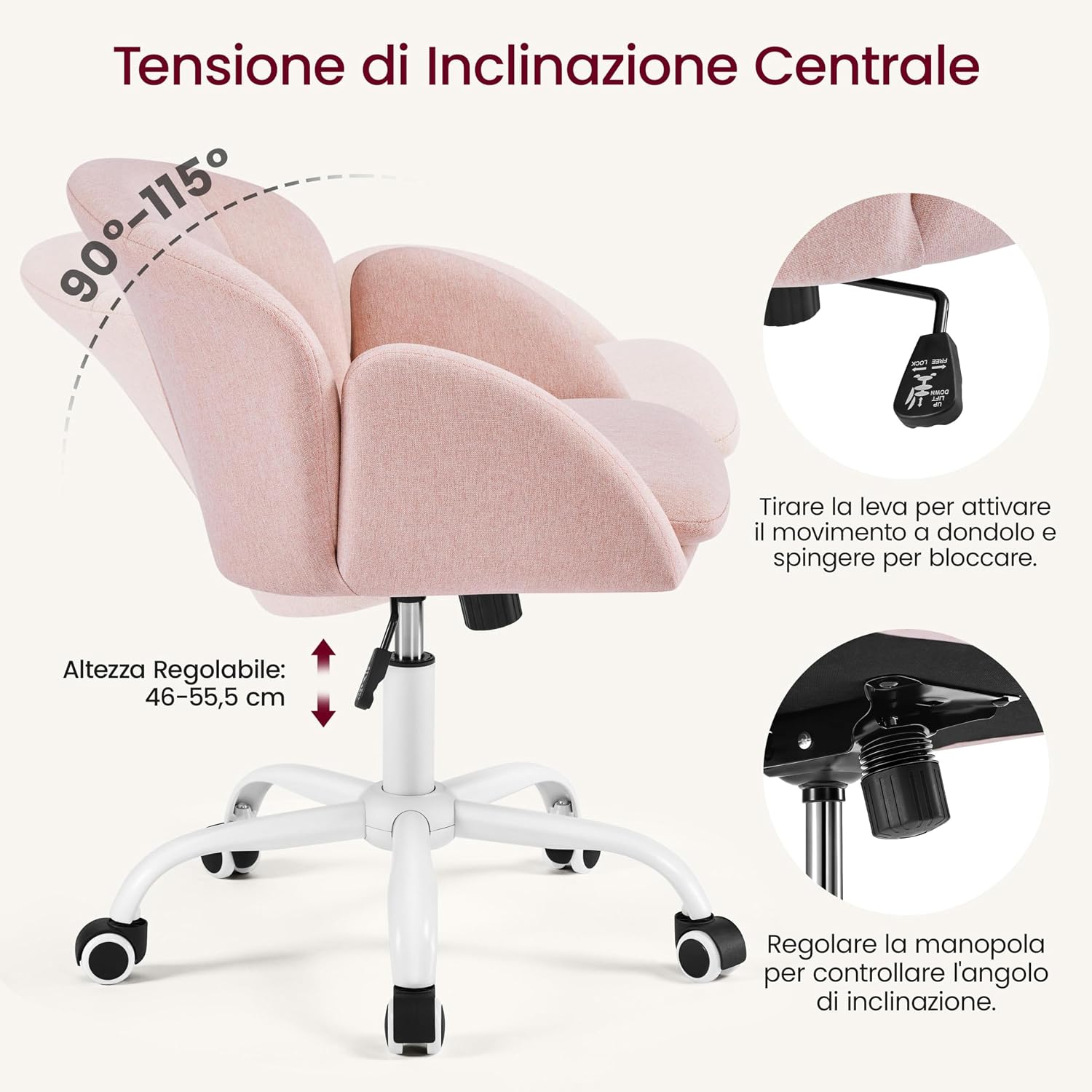Thumbnail 6 de Yaheetech sedia ufficio/poltroncina reclinabile con ruote in tessuto traspirante, altezza regolabile fino a 136 kg (modello rosso)