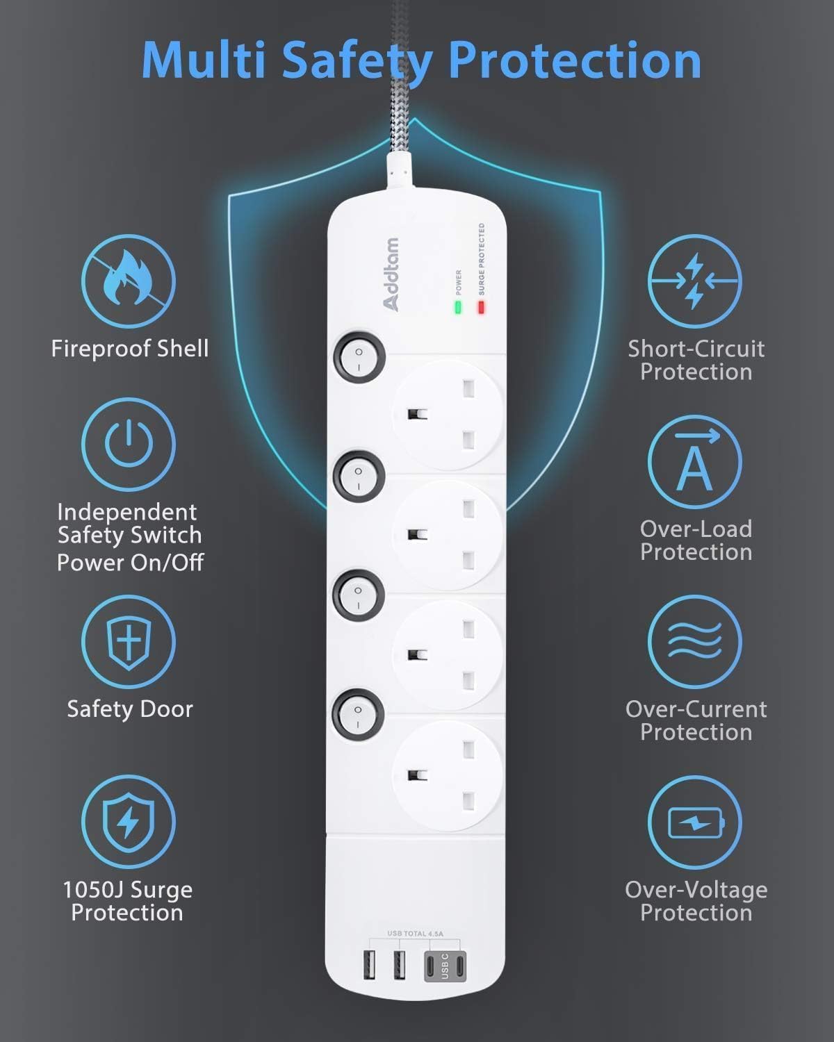 Thumbnail 2 de 4-Way Extension Lead 1.8m with 4 USB and Surge Protector 🔌