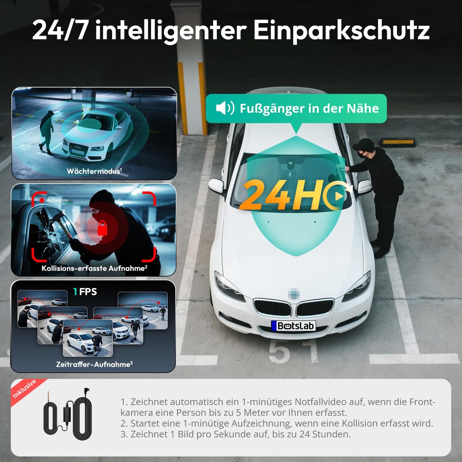 Thumbnail 4 de BOTSLAB 4K 3-Kanal Dashcam Auto mit Parküberwachung, GPS und 128 GB SD Karte – Front 4K, Innen- und Heck 1080p