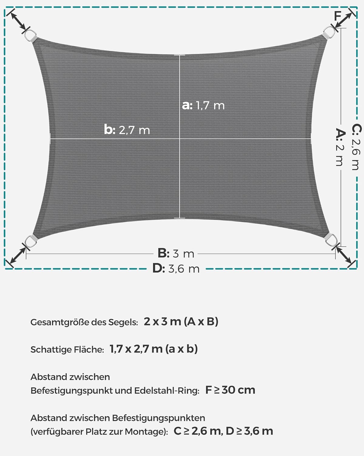 Thumbnail 4 de SONGMICS Sonnensegel 2 x 3 m HDPE