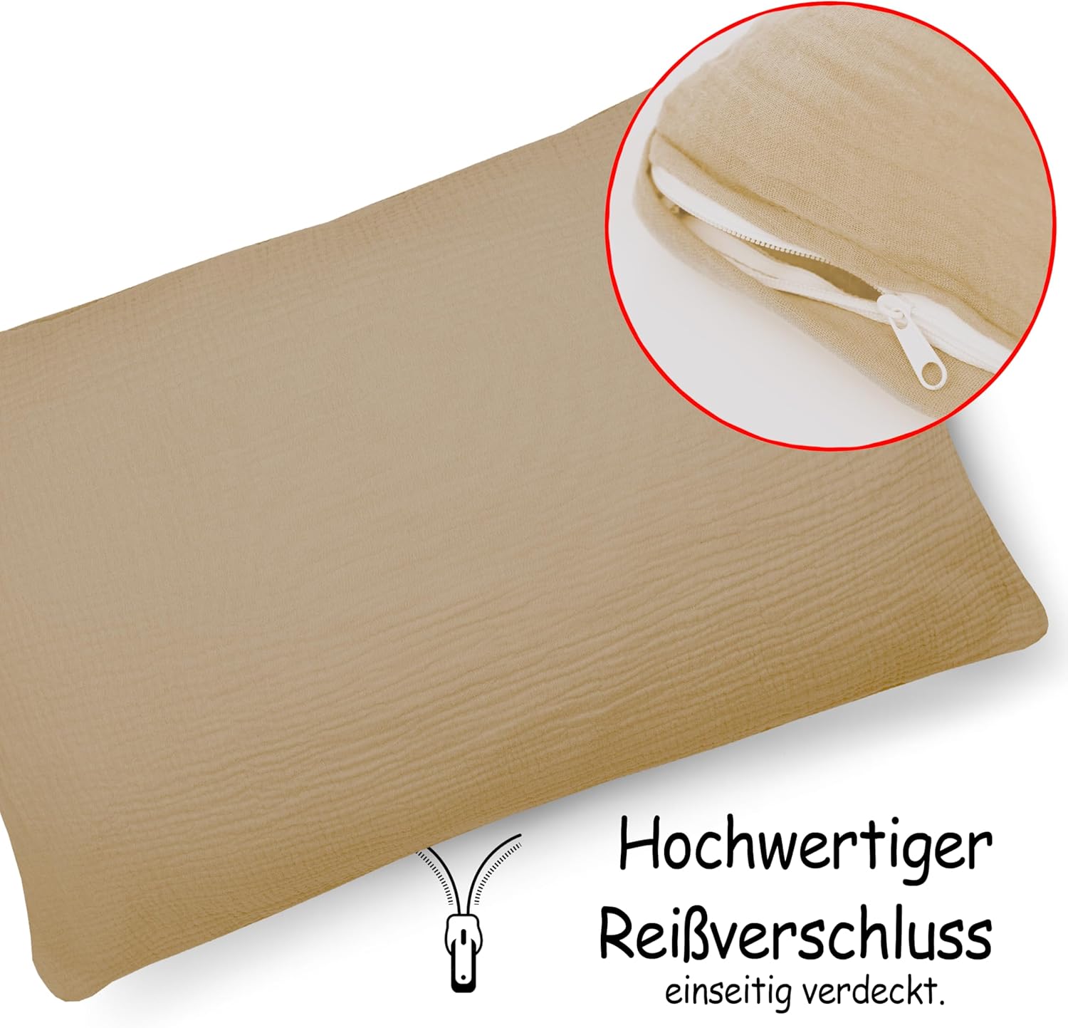 Thumbnail 2 de PinkZebra Bio-Musselin Kopfkissenbezug 40 x 80 cm (ÖkoTex/GOTS), mit Reißverschluss, beige