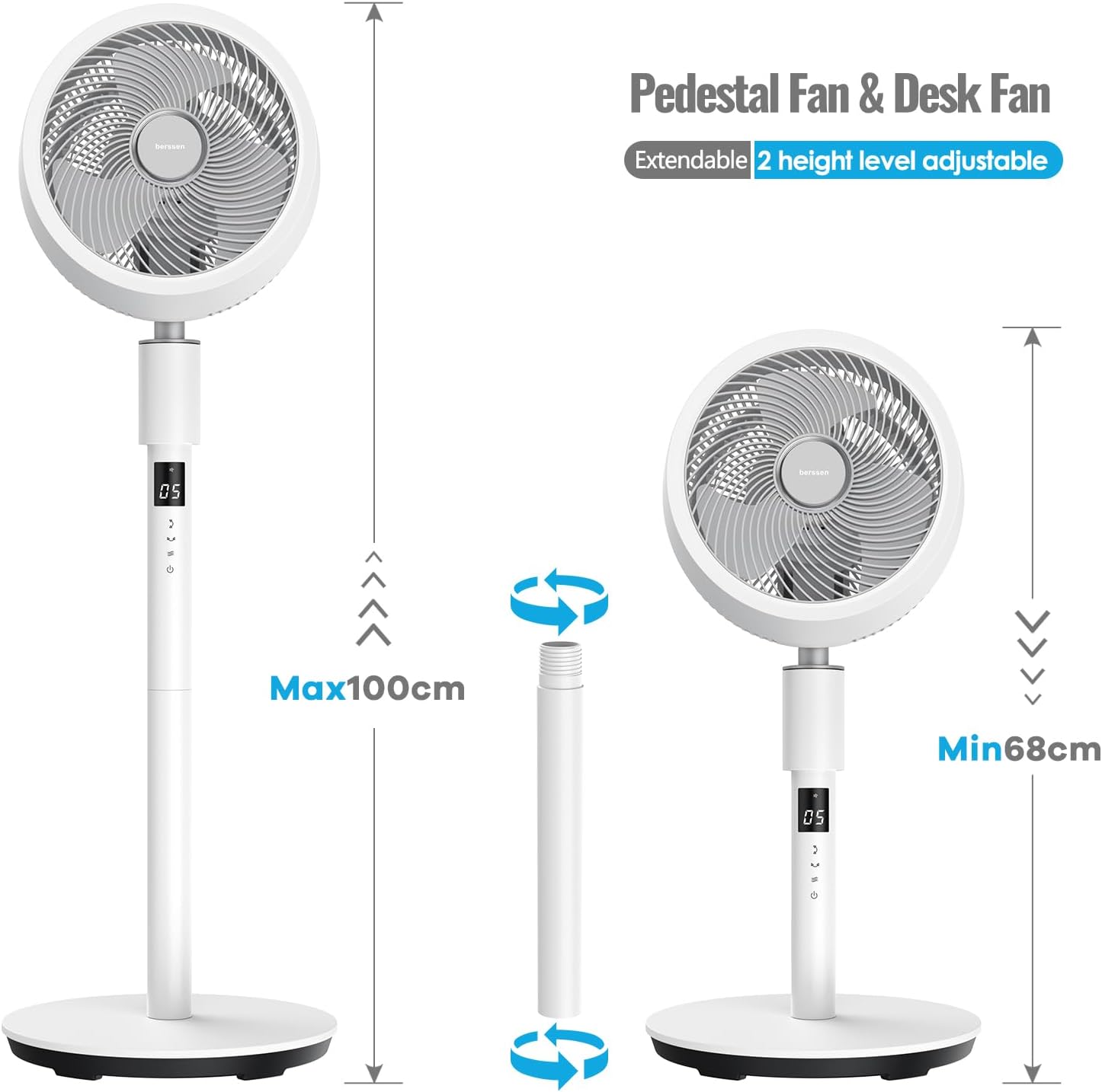 Thumbnail 2 de berssen DC Pedestal Fan: 3D Standing Fan with Remote, 12 Speeds, 100cm/68cm Height, Quiet 25dB