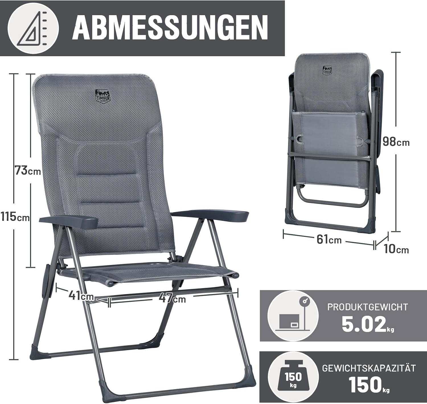 Detalle de TIMBER RIDGE 2er Campingstuhl Faltbar mit Hoher Lehne – Luxus gepolsterter Balkonstuhl, 150 kg Tragkraft