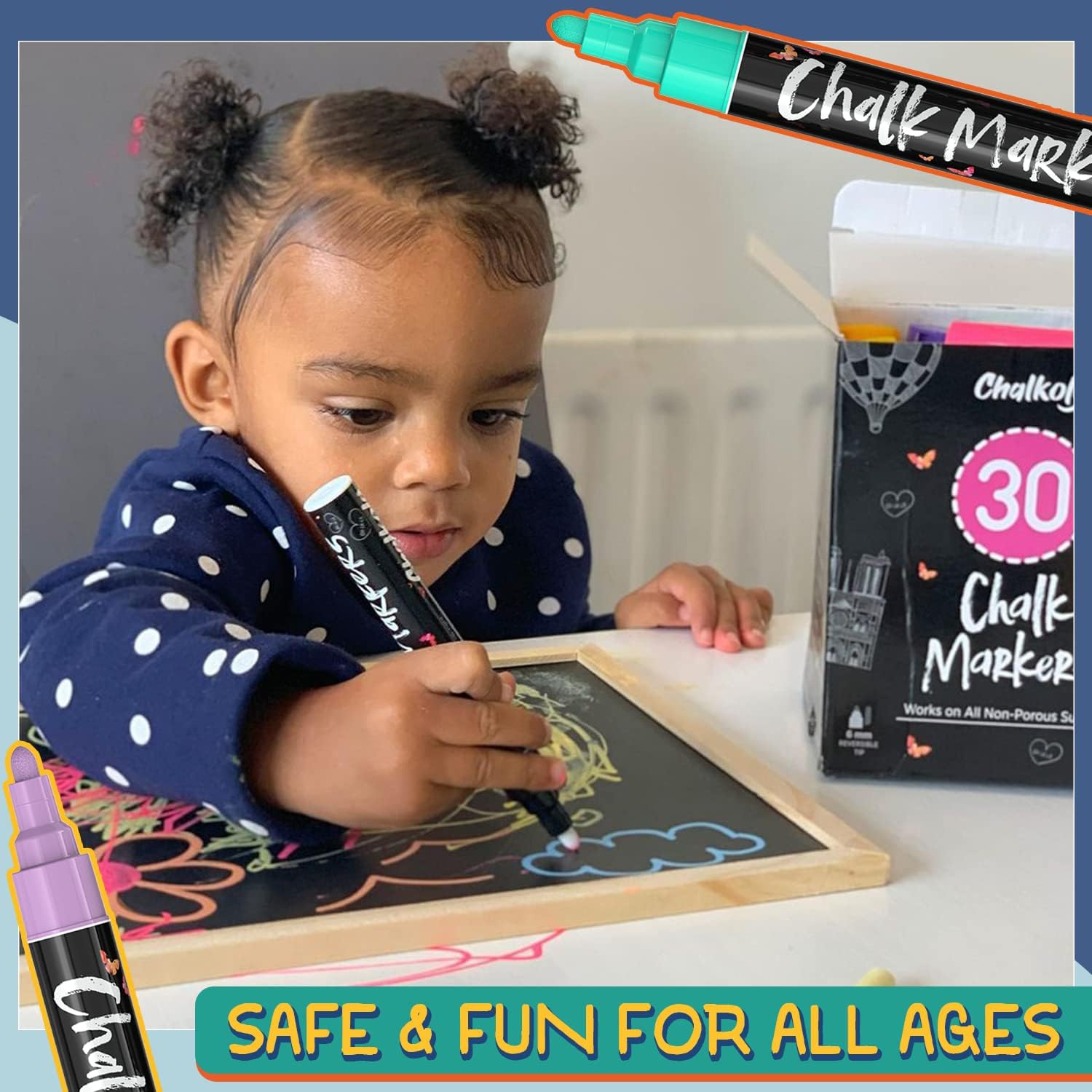 Detalle 2 de Liquid Chalk Pens (30 Pack, 6mm) Pastel + Neon Chalkola-style erasable markers for non-porous surfaces