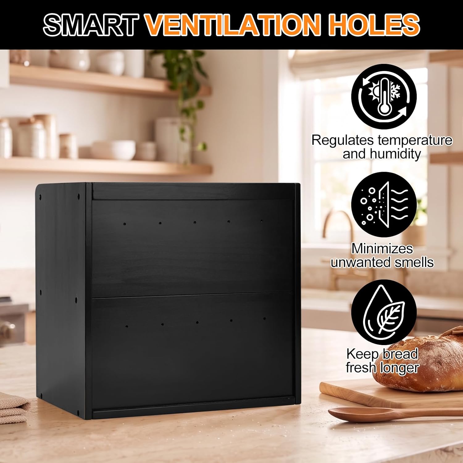Detalle 1 de Alpeir Double-Layer Bread Box, Black Pine Wood with Acrylic Window
